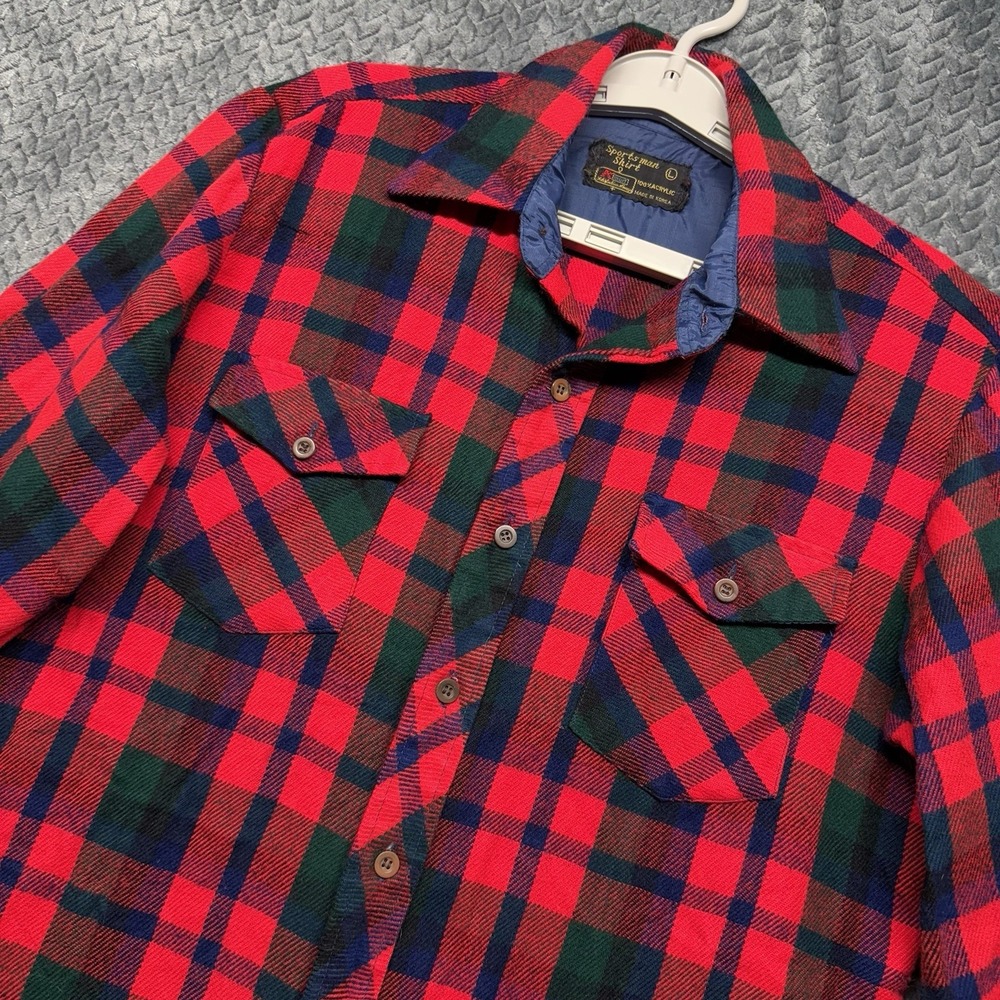VTG Kmart Sportsman Shirt L Red Green‎ Plaid Quilted Flannel Korea Made 70s 80s